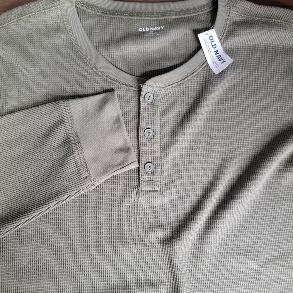 Old Navy Henley Shirt Mens XXL Olive Green Waffle Knit Thermal Built-In Flex